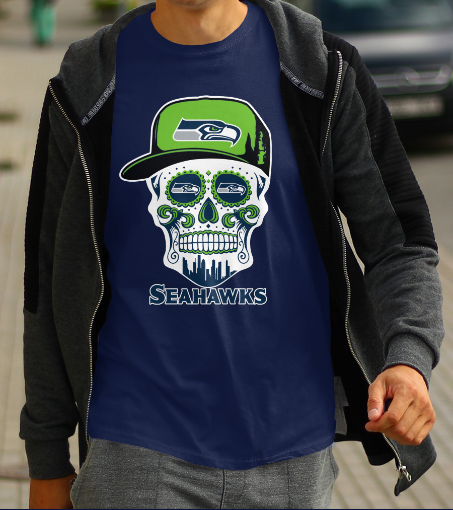 Seattle Seahawks Skull Art With Team Logo And Skyline T-Shirt