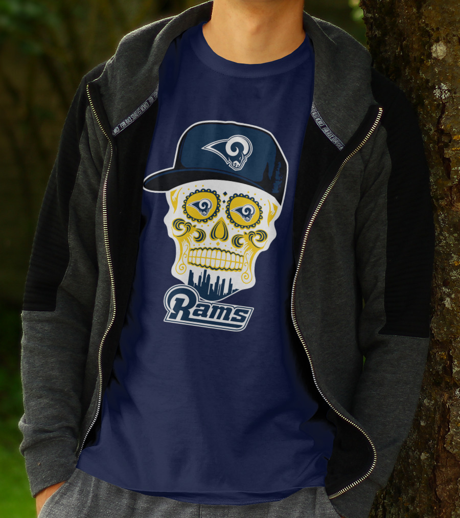 Los Angeles Rams Skull Iconic Rams Logo In Cap Funny T-Shirt