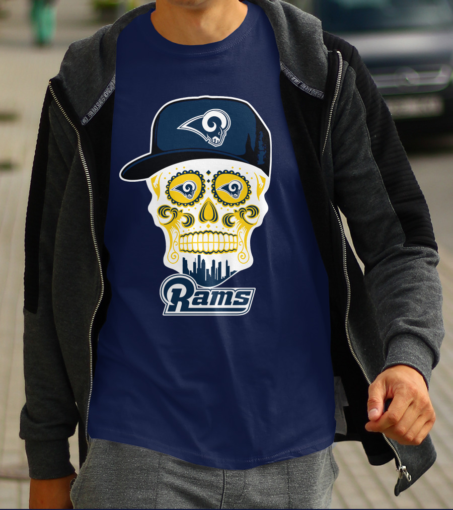Los Angeles Rams Skull Iconic Rams Logo In Cap Funny T-Shirt
