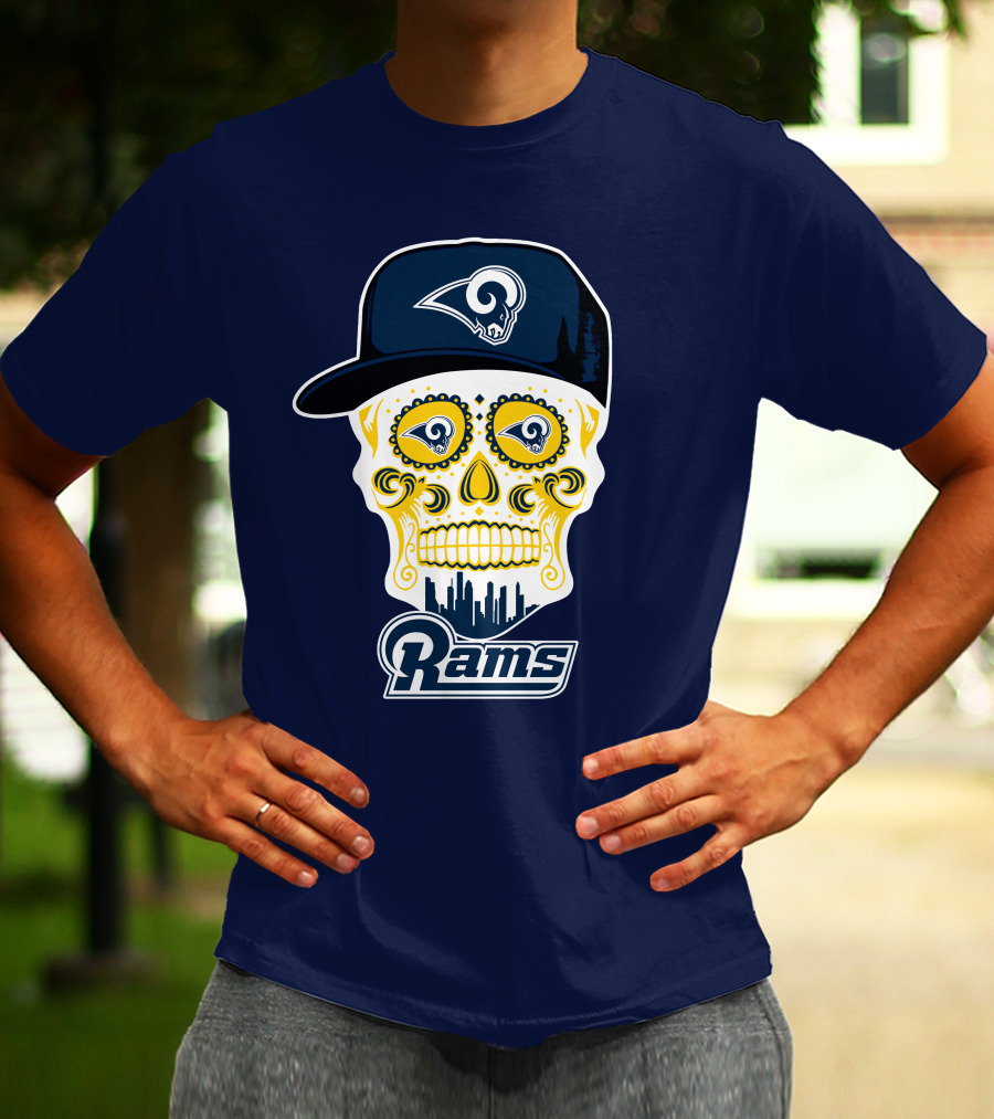 Los Angeles Rams Skull Iconic Rams Logo In Cap Funny T-Shirt