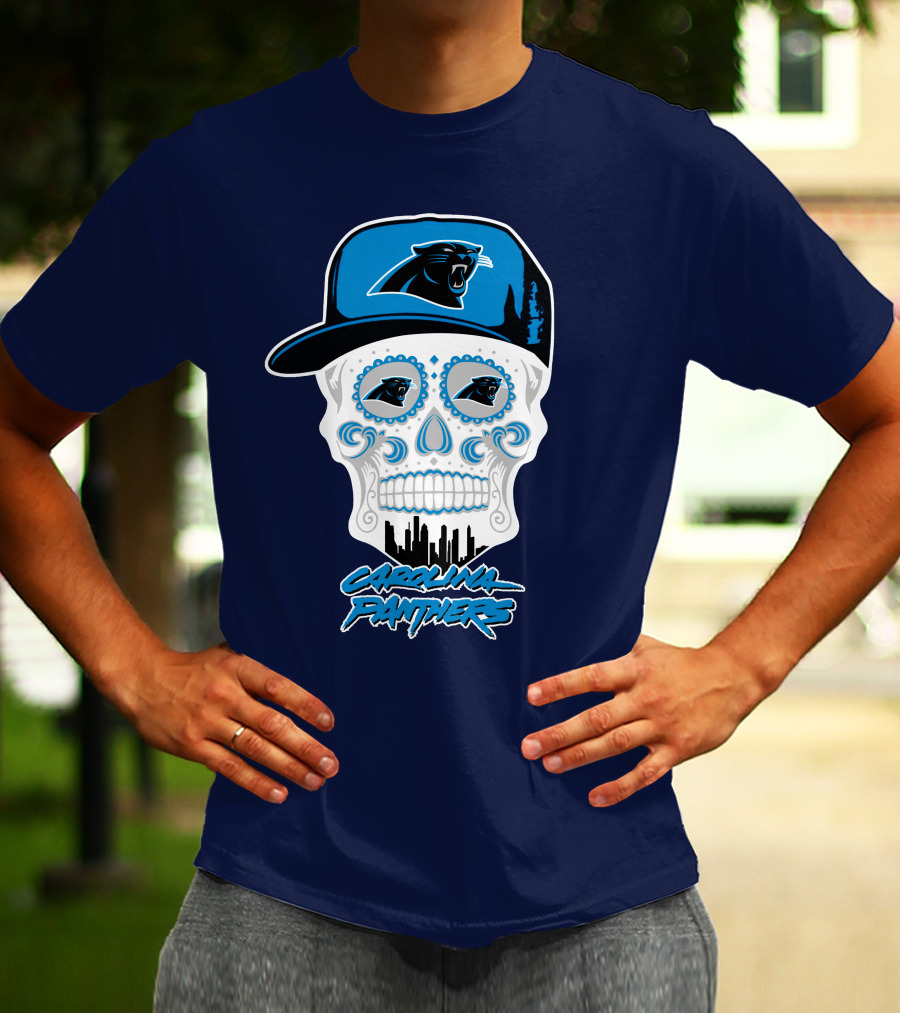 Carolina Panthers Skull Design With Panther Eyes And Cap T-Shirt