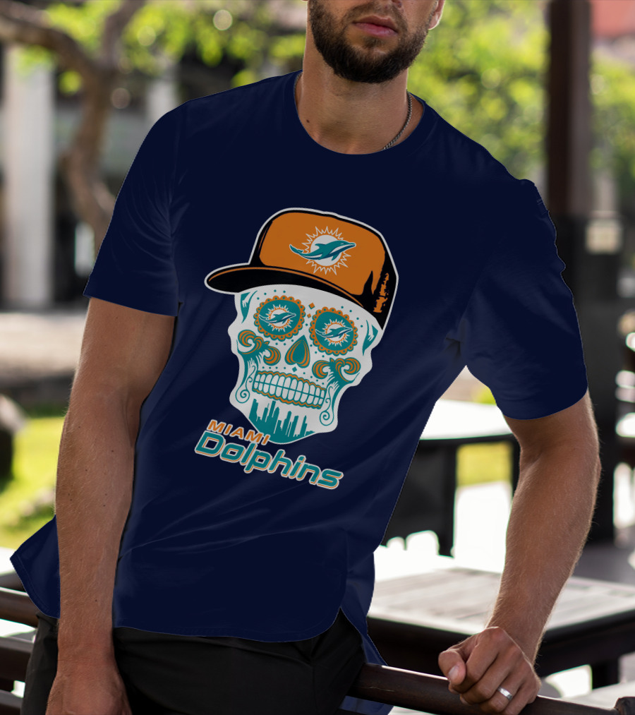 Miami Dolphins Sugar Skull Cap Art T-Shirt