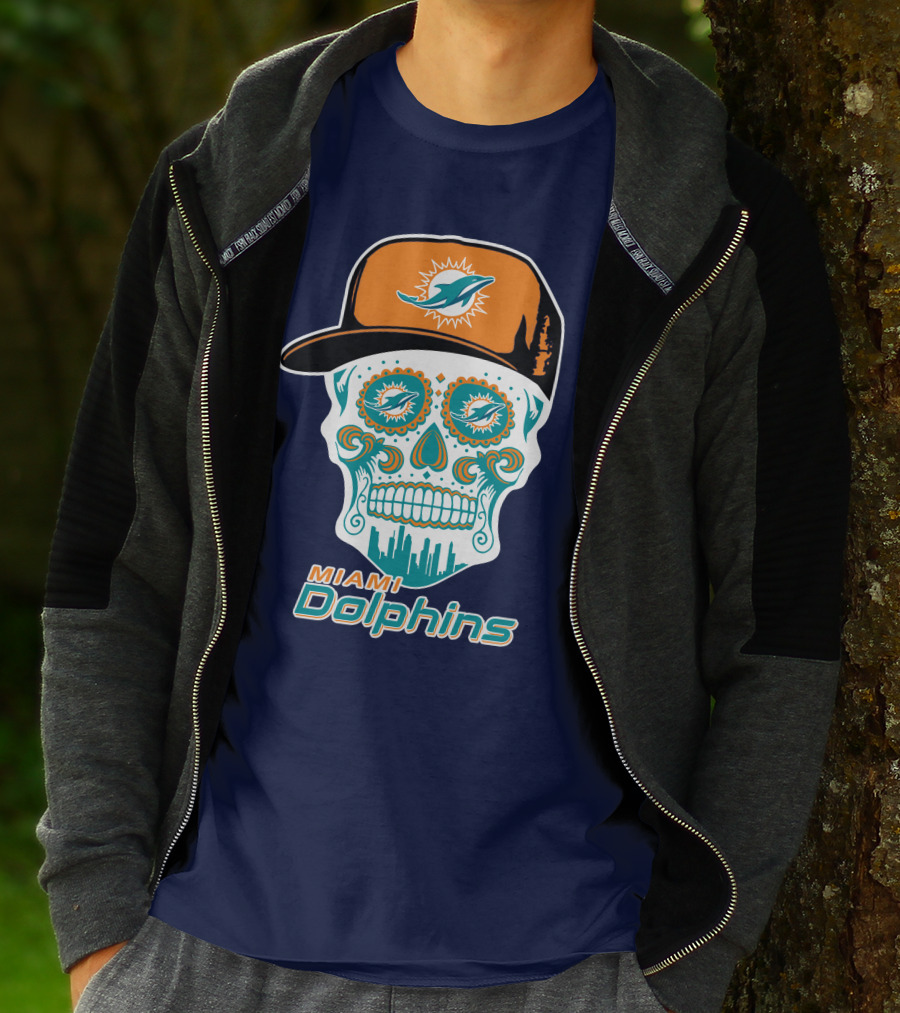 Miami Dolphins Sugar Skull Cap Art T-Shirt