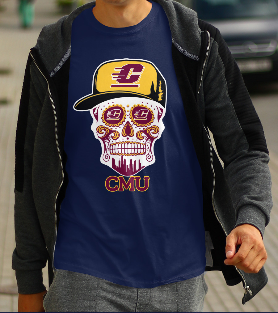 Cmu Central Michigan Chippewas Skull Logo With Cap And City Skyline T-Shirt