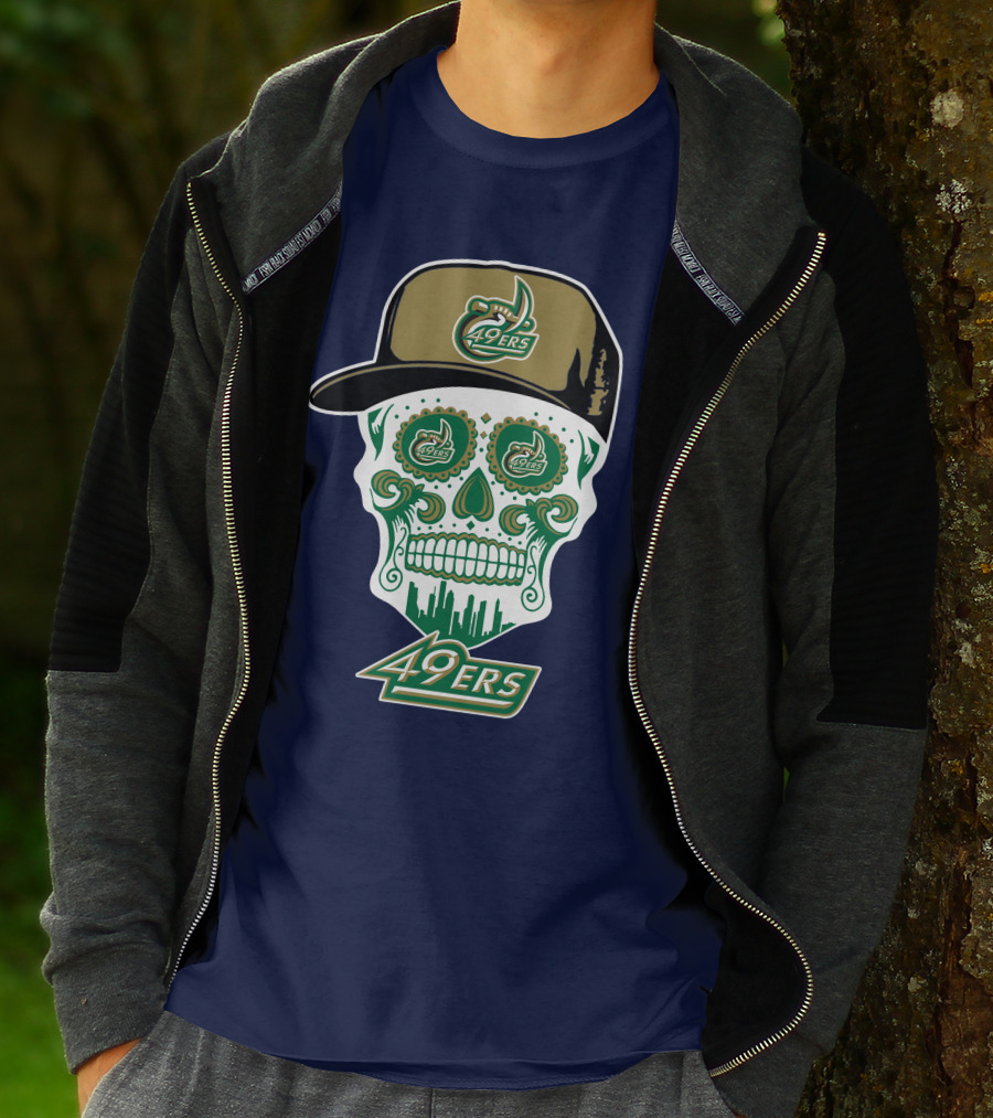 Charlotte 49ers Sugar Skull Green And Gold Logo With Hat T-Shirt