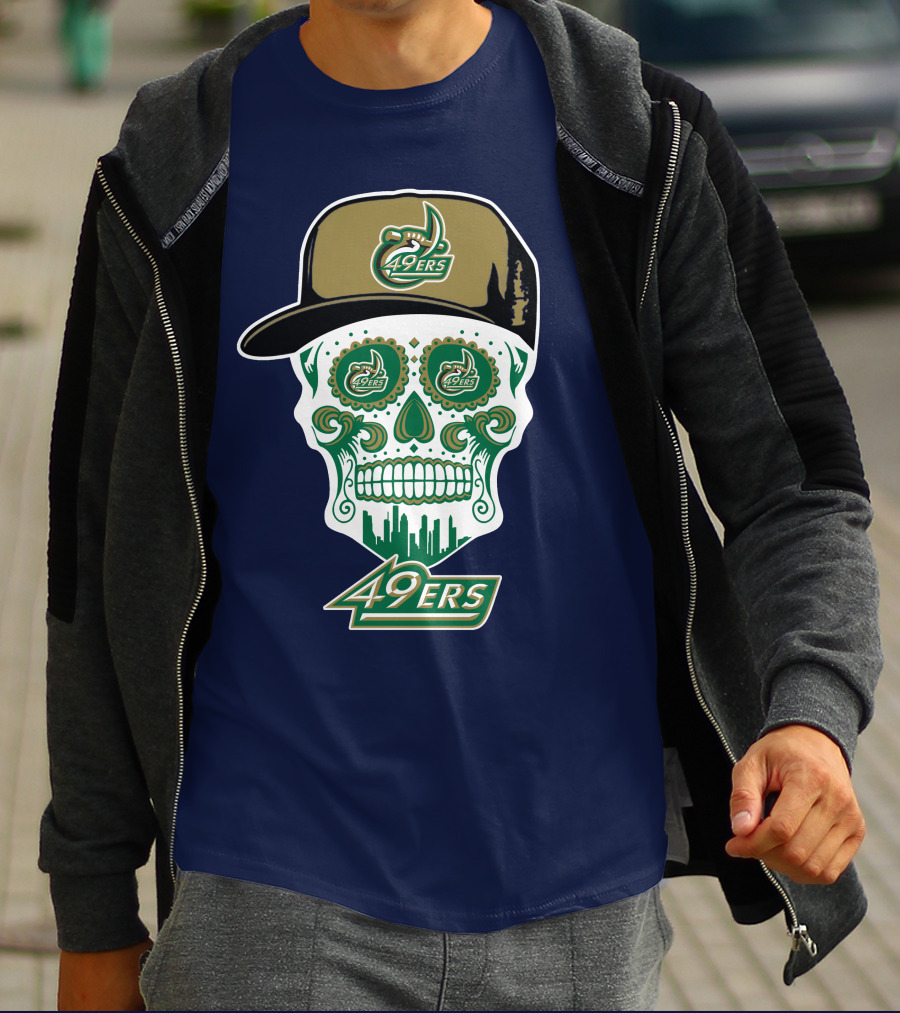Charlotte 49ers Sugar Skull Green And Gold Logo With Hat T-Shirt