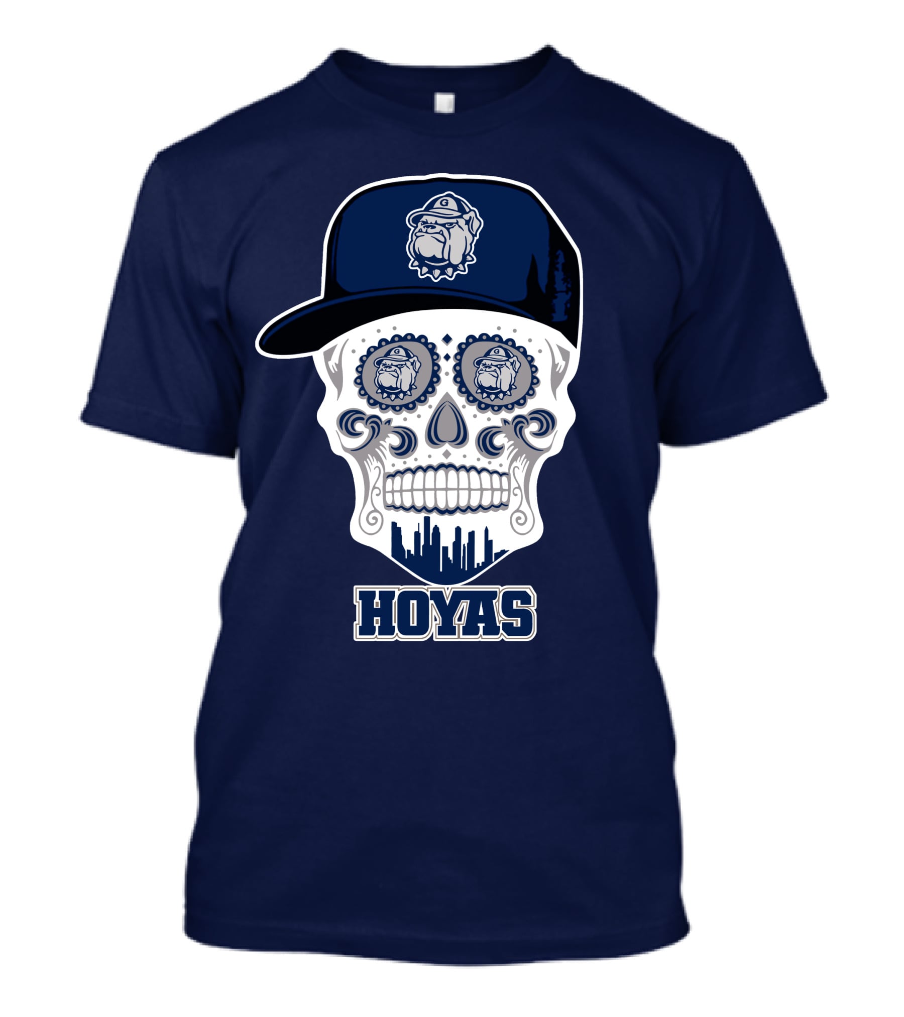 Georgetown Hoyas Skull With Bulldog Hat And Skyline T-Shirt