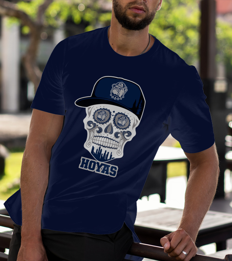 Georgetown Hoyas Skull With Bulldog Hat And Skyline T-Shirt