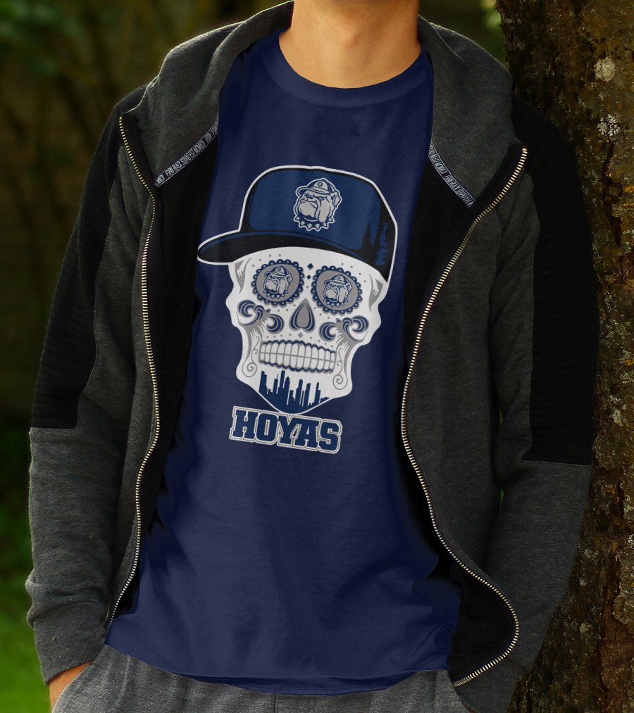 Georgetown Hoyas Skull With Bulldog Hat And Skyline T-Shirt