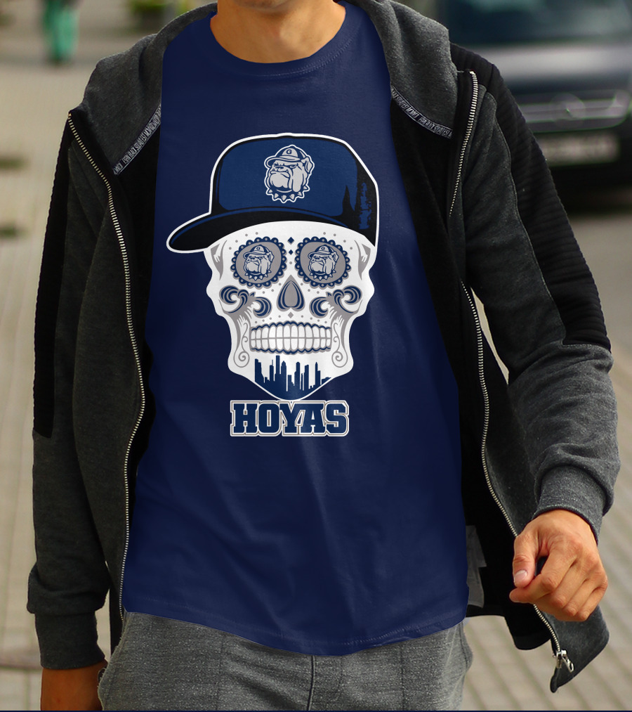 Georgetown Hoyas Skull With Bulldog Hat And Skyline T-Shirt