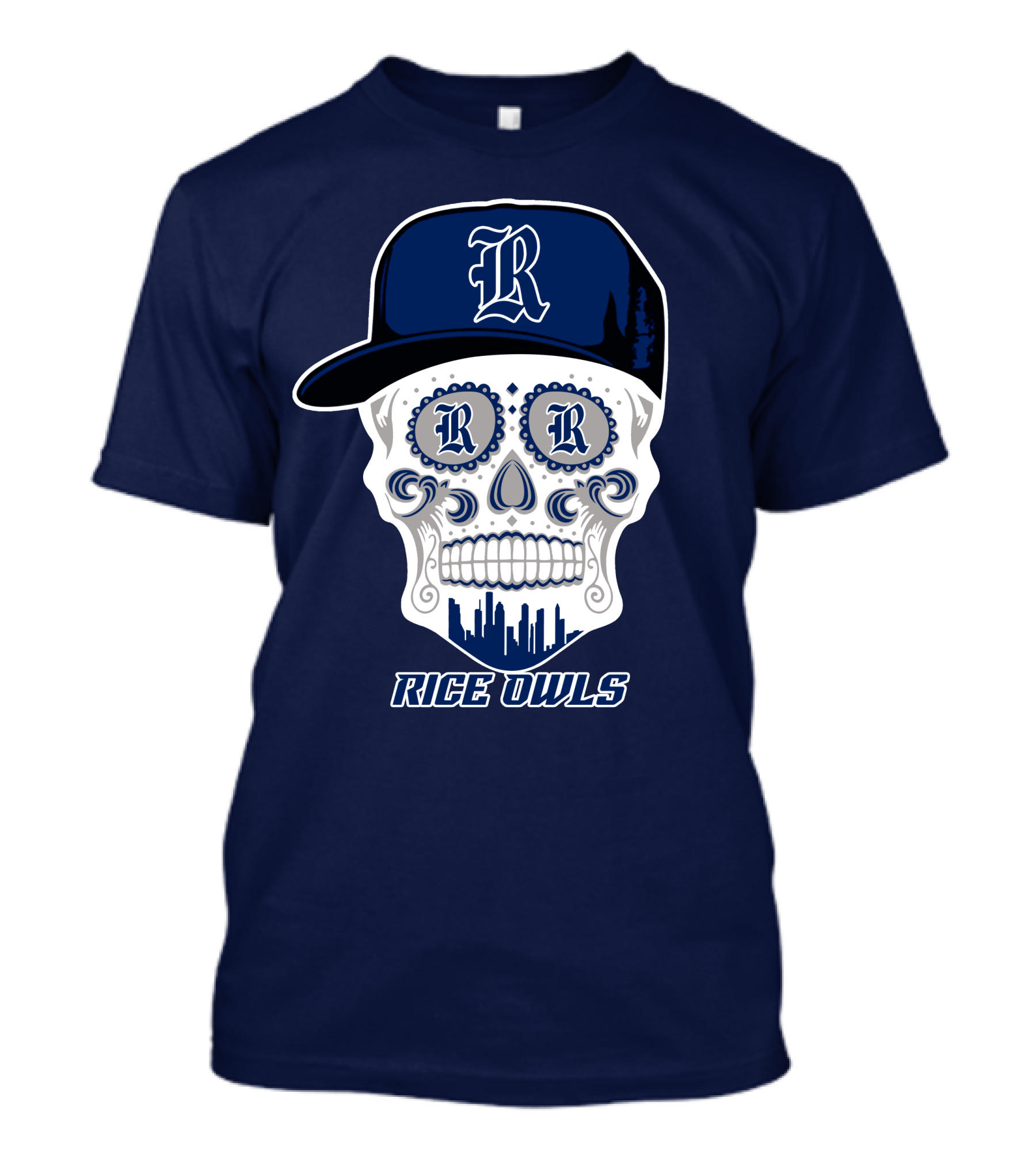 Rice Owls Skull With Cap And City Skyline T-Shirt
