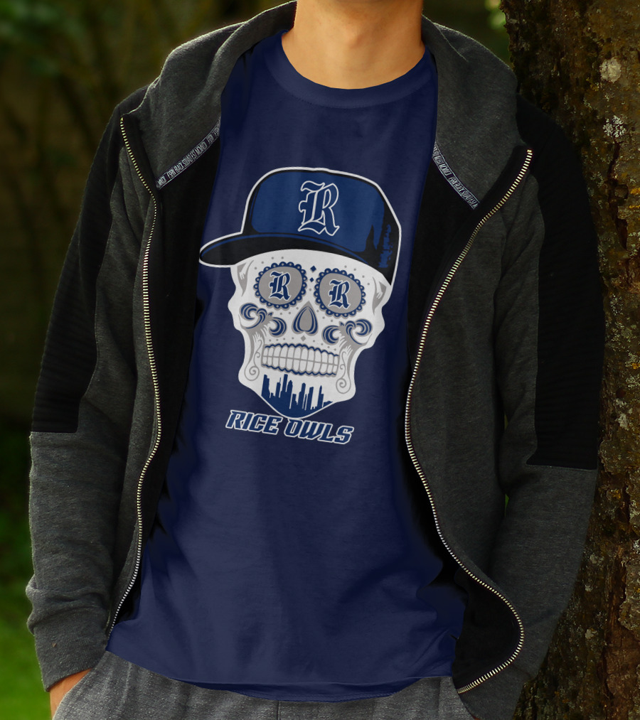 Rice Owls Skull With Cap And City Skyline T-Shirt
