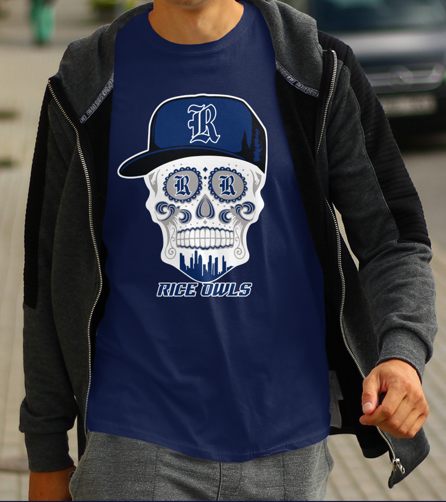 Rice Owls Skull With Cap And City Skyline T-Shirt