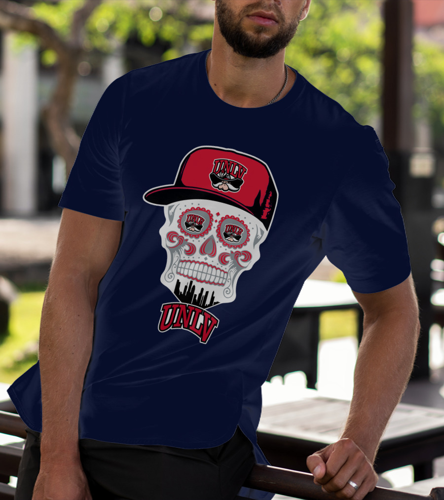 Unlv Rebels Skull With Cap Design Featuring Mascot Logo And Skyline T-Shirt