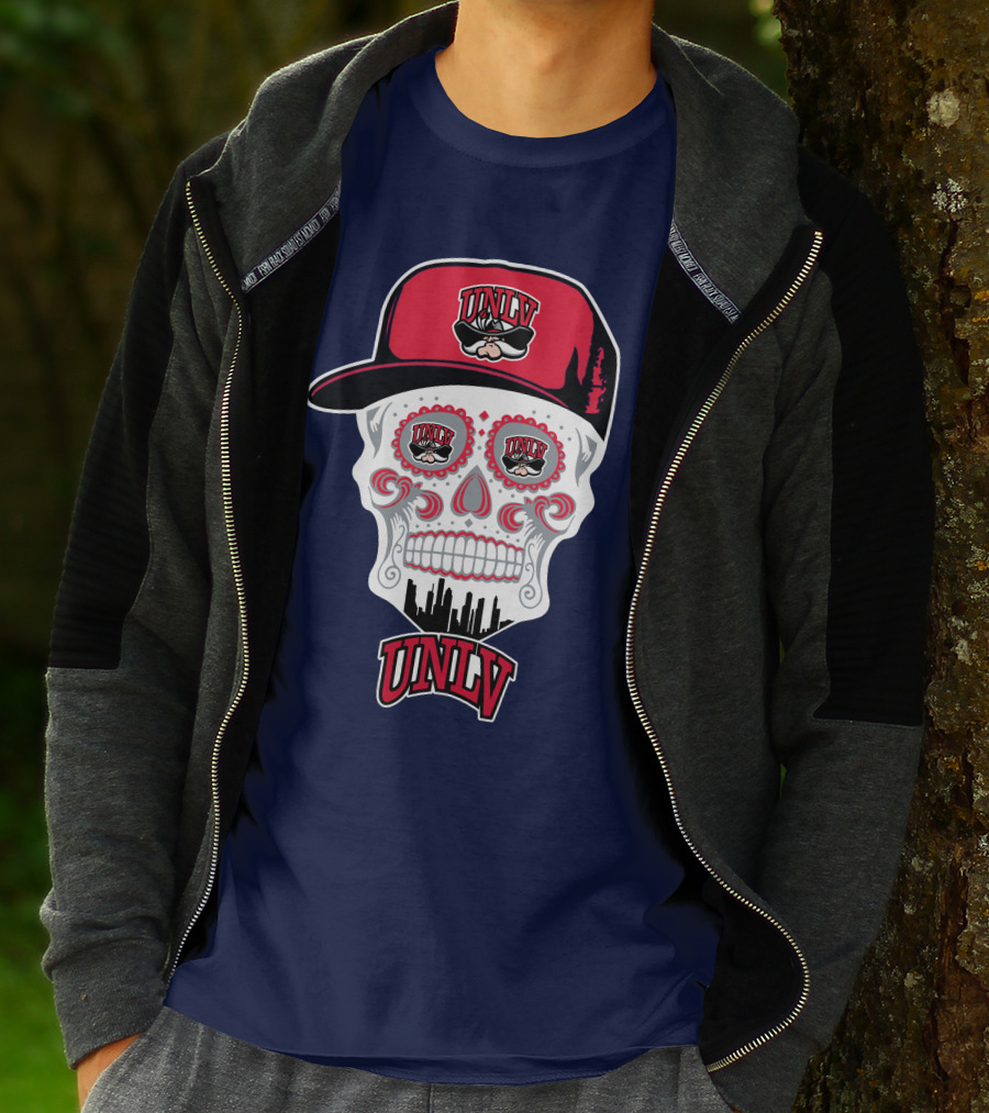 Unlv Rebels Skull With Cap Design Featuring Mascot Logo And Skyline T-Shirt