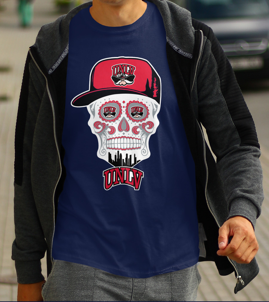 Unlv Rebels Skull With Cap Design Featuring Mascot Logo And Skyline T-Shirt