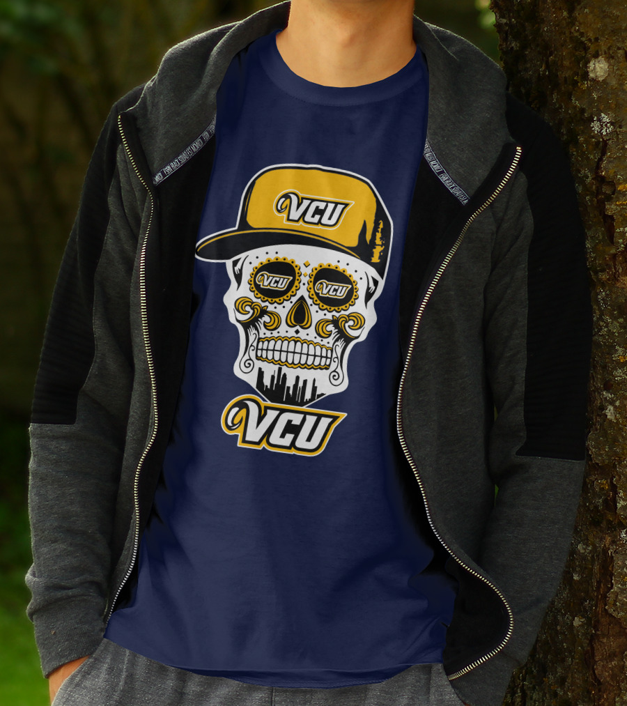 Vcu Rams Dia De Los Muertos Skull With Iconic Cap And Skyline T-Shirt