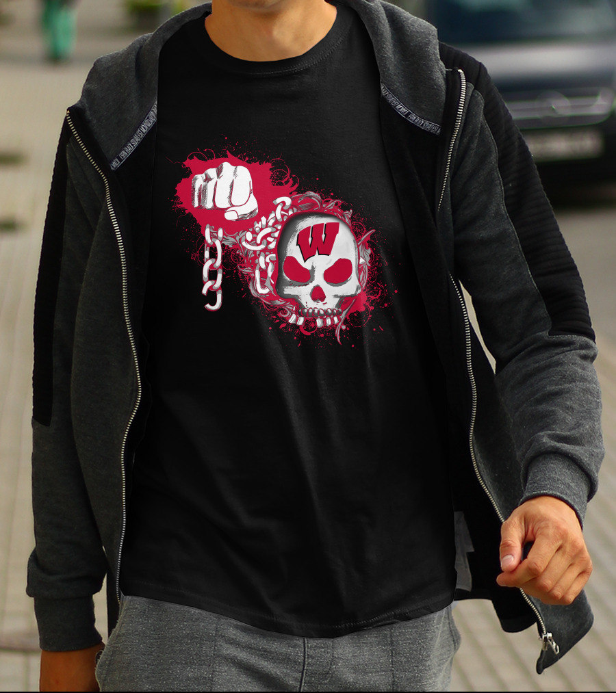 W Skull And Fist With Chain Red And White T-Shirt