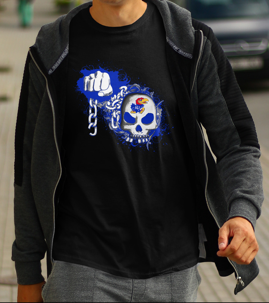 Kansas Jayhawks Skull With Chains And Bold Fist T-Shirt