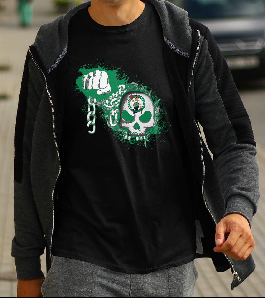 Boston Celtics Skull With Fist And Chain Motif T-Shirt