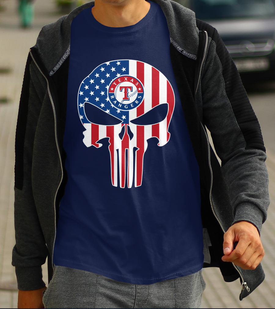 Texas Rangers Punisher Skull American Flag T-Shirt