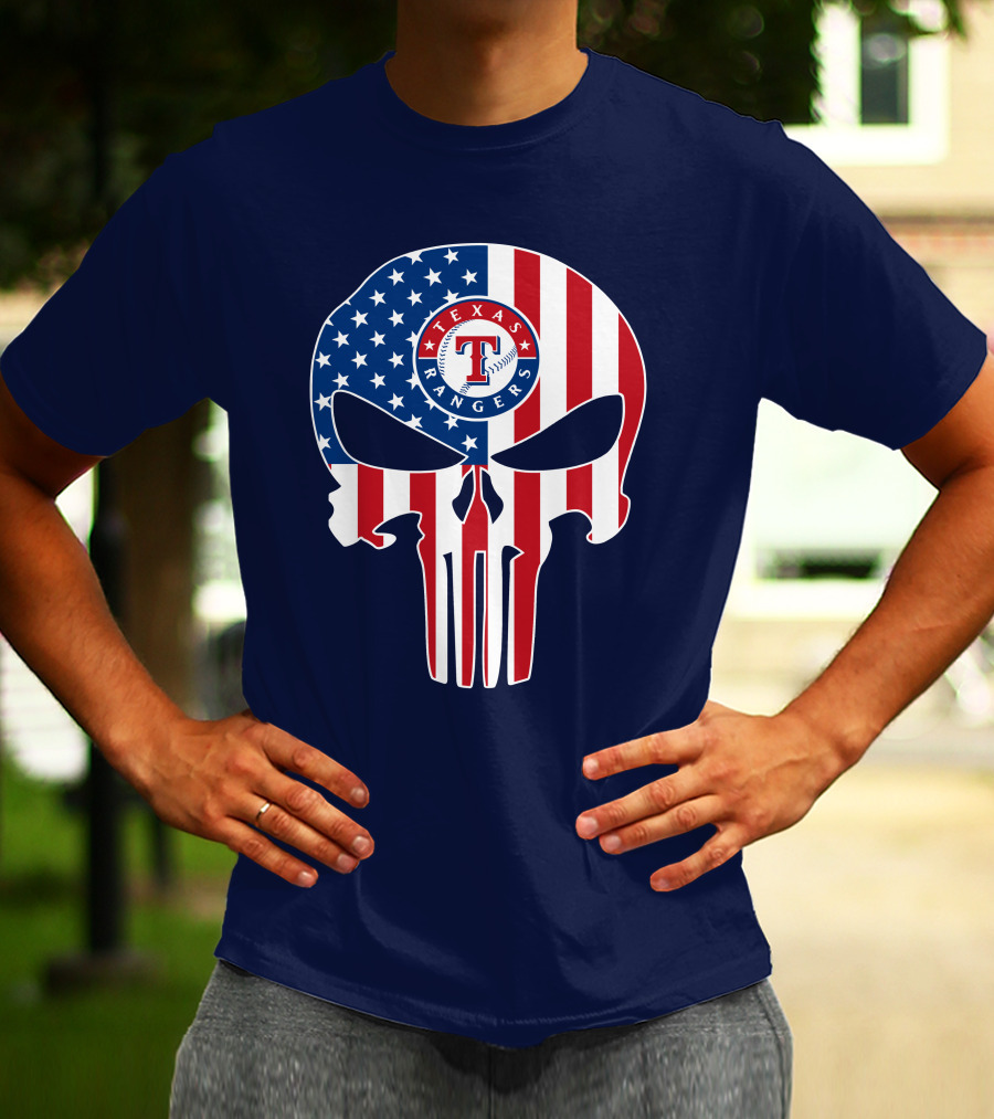 Texas Rangers Punisher Skull American Flag T-Shirt
