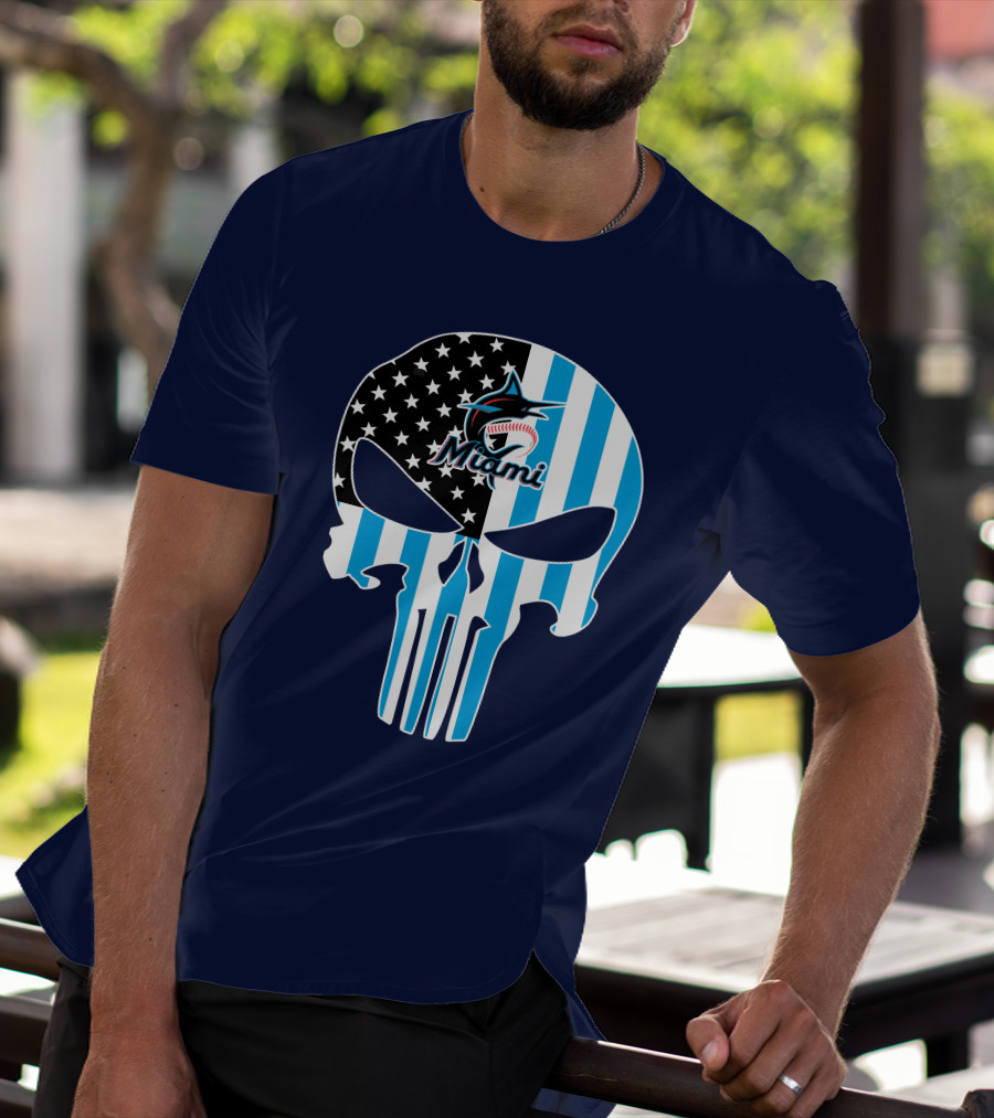 Miami Marlins Punisher Skull American Flag Fusion T-Shirt