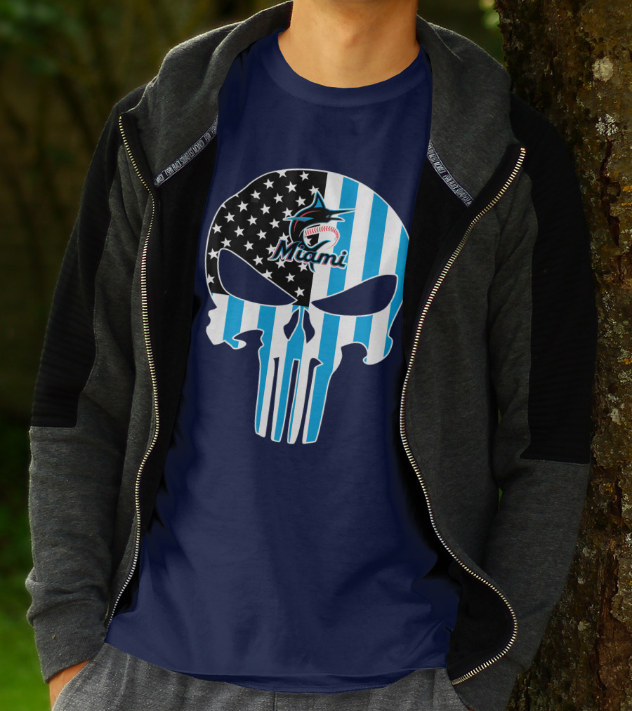 Miami Marlins Punisher Skull American Flag Fusion T-Shirt