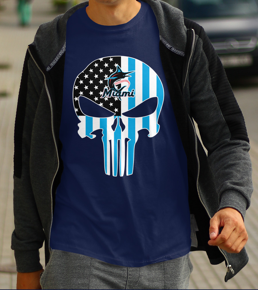 Miami Marlins Punisher Skull American Flag Fusion T-Shirt