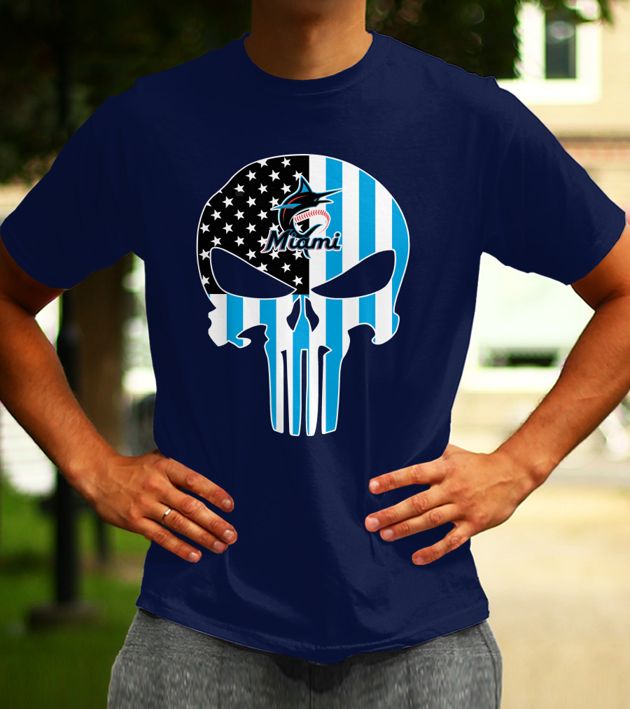 Miami Marlins Punisher Skull American Flag Fusion T-Shirt