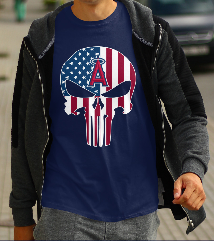 Los Angeles Angels Punisher Skull American Flag T-Shirt