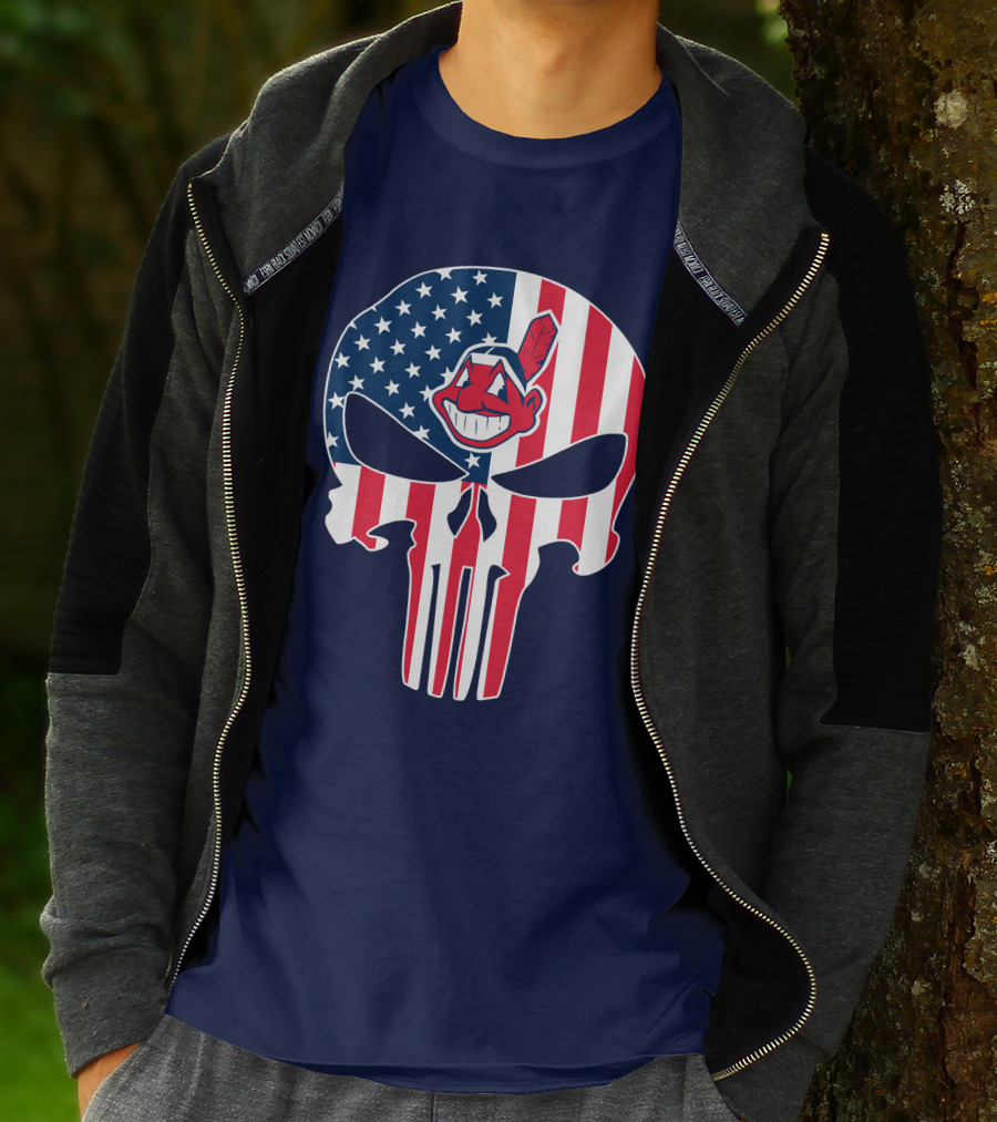 Indians The Punisher Skull American Flag Red White Blue T-Shirt