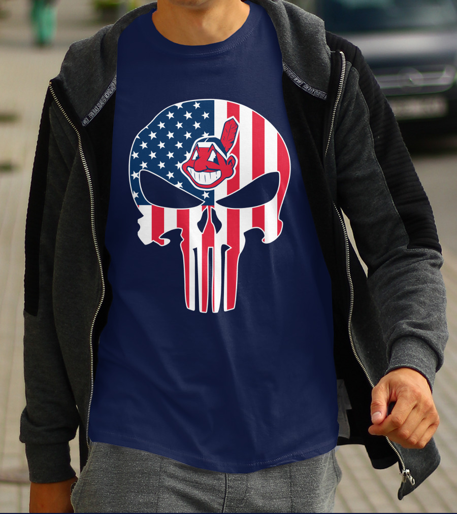 Indians The Punisher Skull American Flag Red White Blue T-Shirt