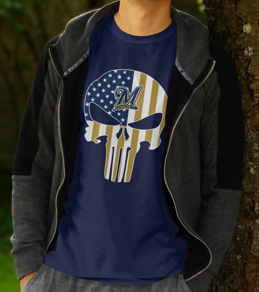 Milwaukee Brewers Punisher Skull American Flag T-Shirt