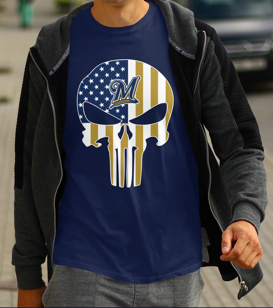 Milwaukee Brewers Punisher Skull American Flag T-Shirt