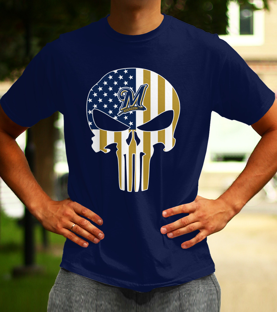 Milwaukee Brewers Punisher Skull American Flag T-Shirt