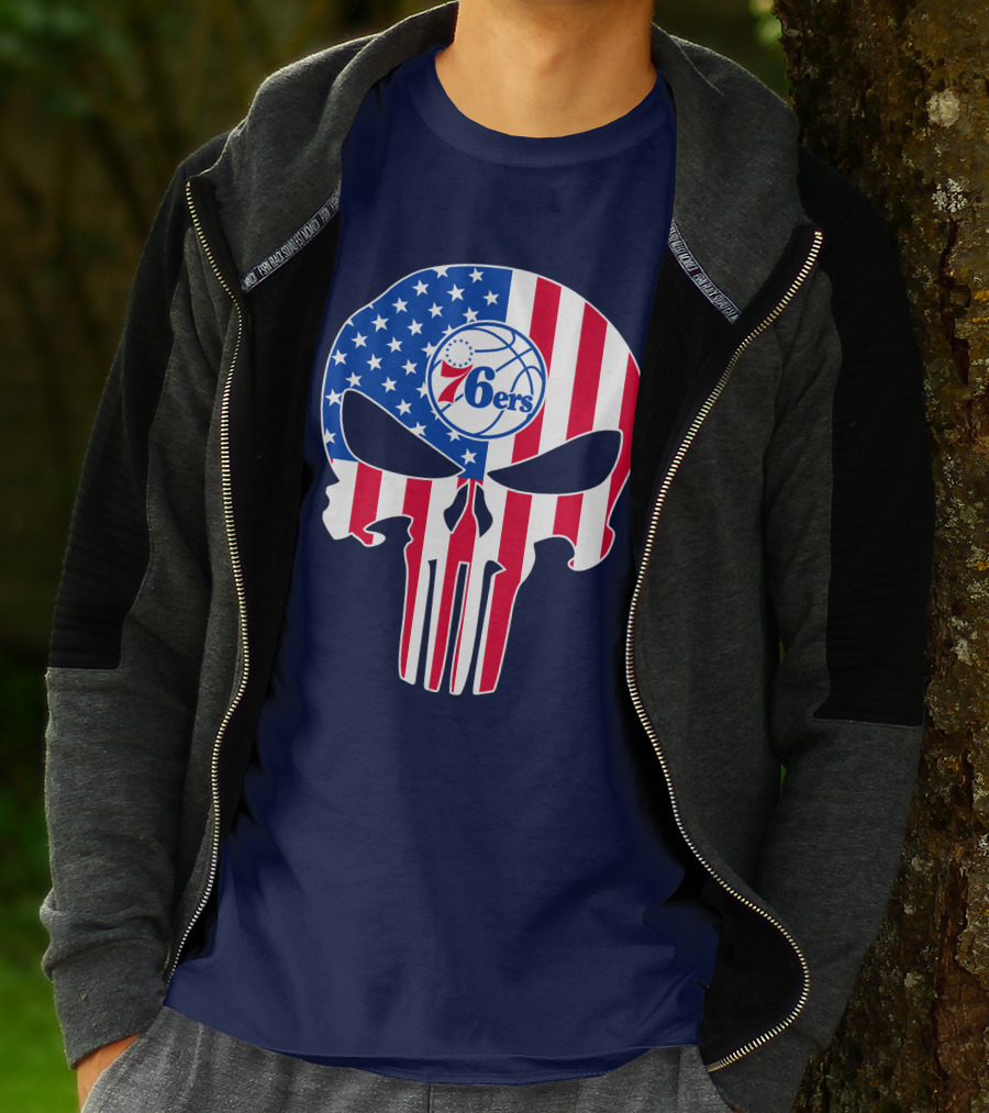 Philadelphia 76ers American Flag Punisher Style Skull T-Shirt