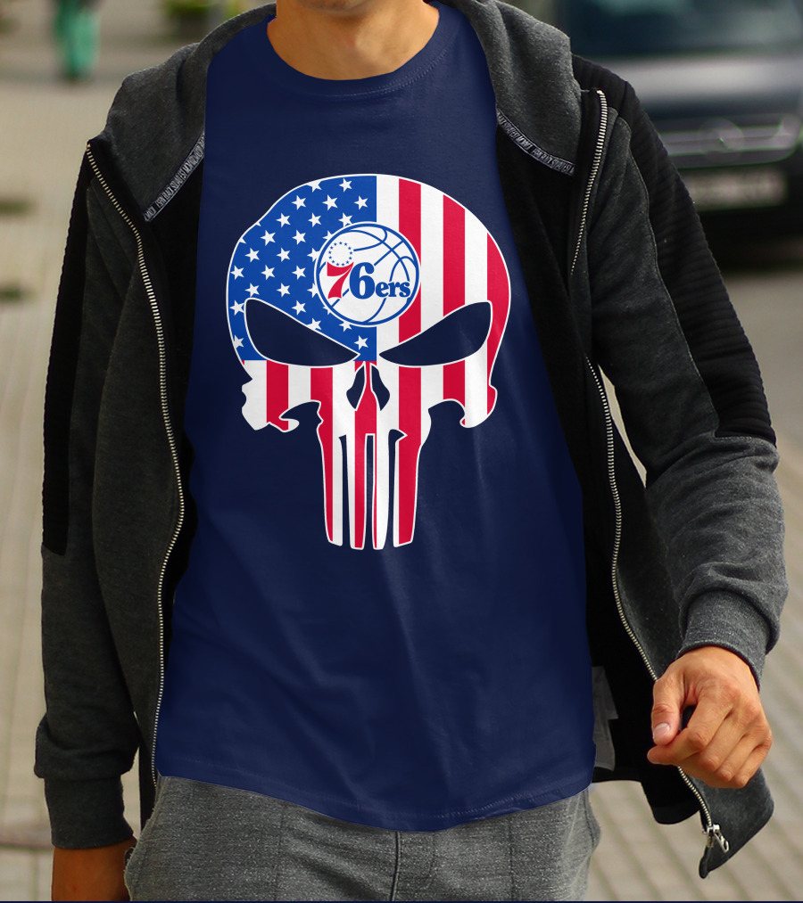 Philadelphia 76ers American Flag Punisher Style Skull T-Shirt