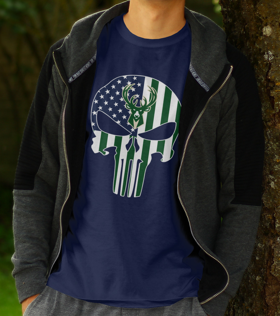 Milwaukee Bucks Punisher Skull American Flag Deer T-Shirt