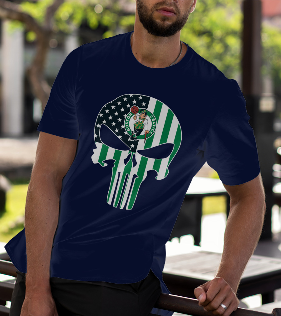 Boston Celtics Punisher Logo American Flag Skull T-Shirt