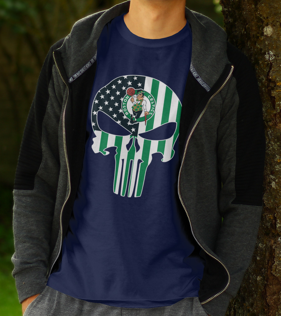 Boston Celtics Punisher Logo American Flag Skull T-Shirt