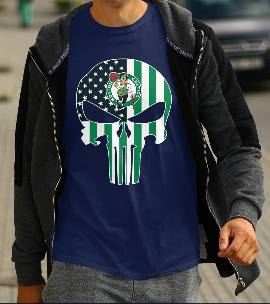 Boston Celtics Punisher Logo American Flag Skull T-Shirt