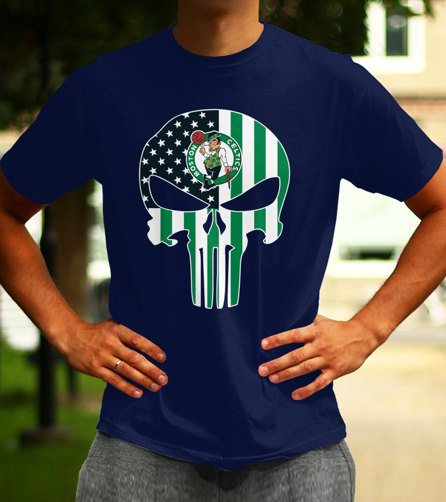 Boston Celtics Punisher Logo American Flag Skull T-Shirt