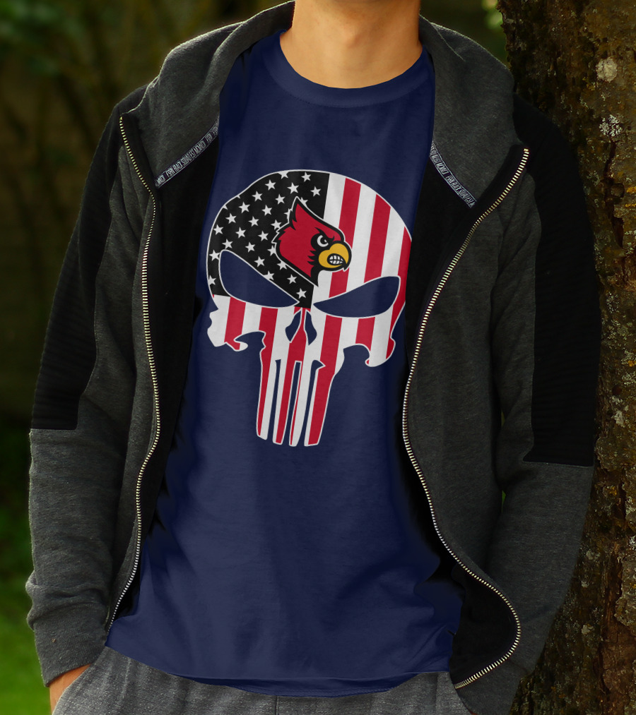 American Flag Punisher Skull Louisville Cardinals T-Shirt