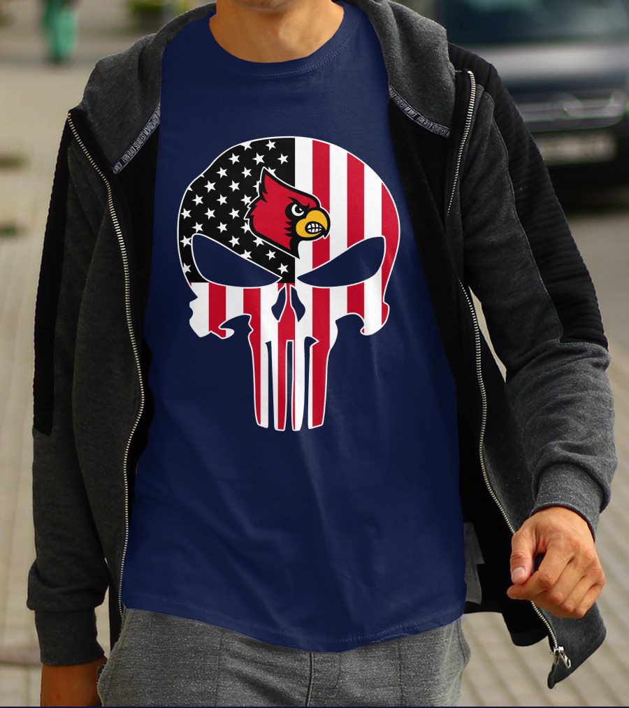 American Flag Punisher Skull Louisville Cardinals T-Shirt