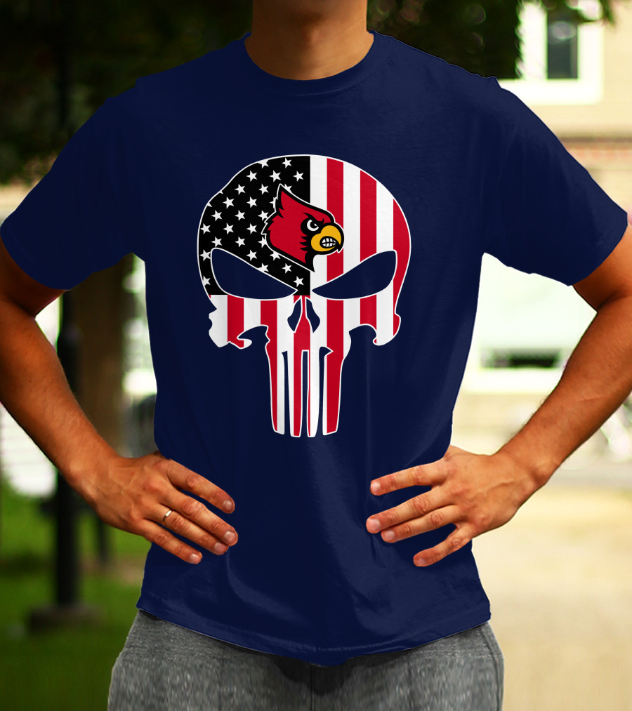 American Flag Punisher Skull Louisville Cardinals T-Shirt