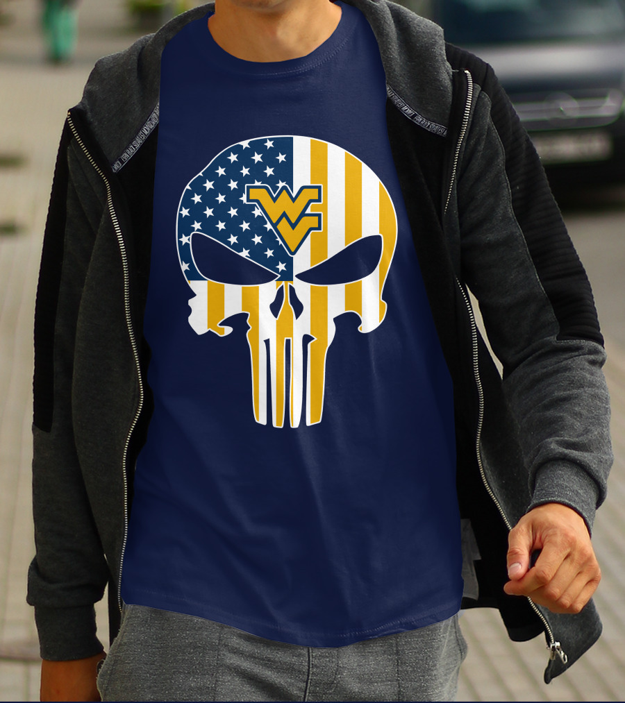 West Virginia Mountaineers The Punisher American Flag Skull T-Shirt