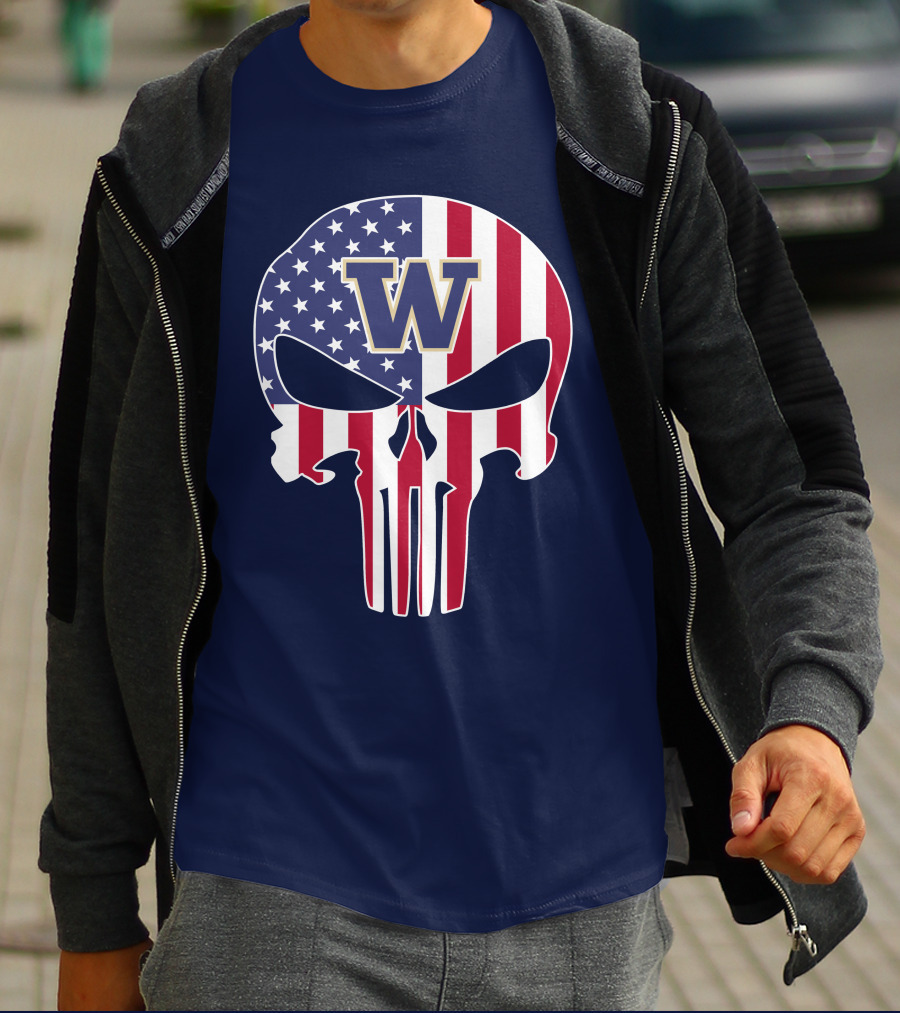Washington Huskies The Punisher American Flag Skull W T-Shirt