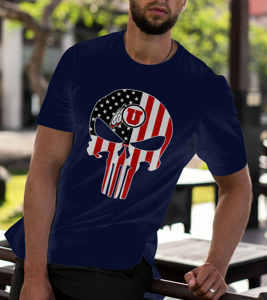 Utah Utes U Logo Punisher Skull American Flag T-Shirt