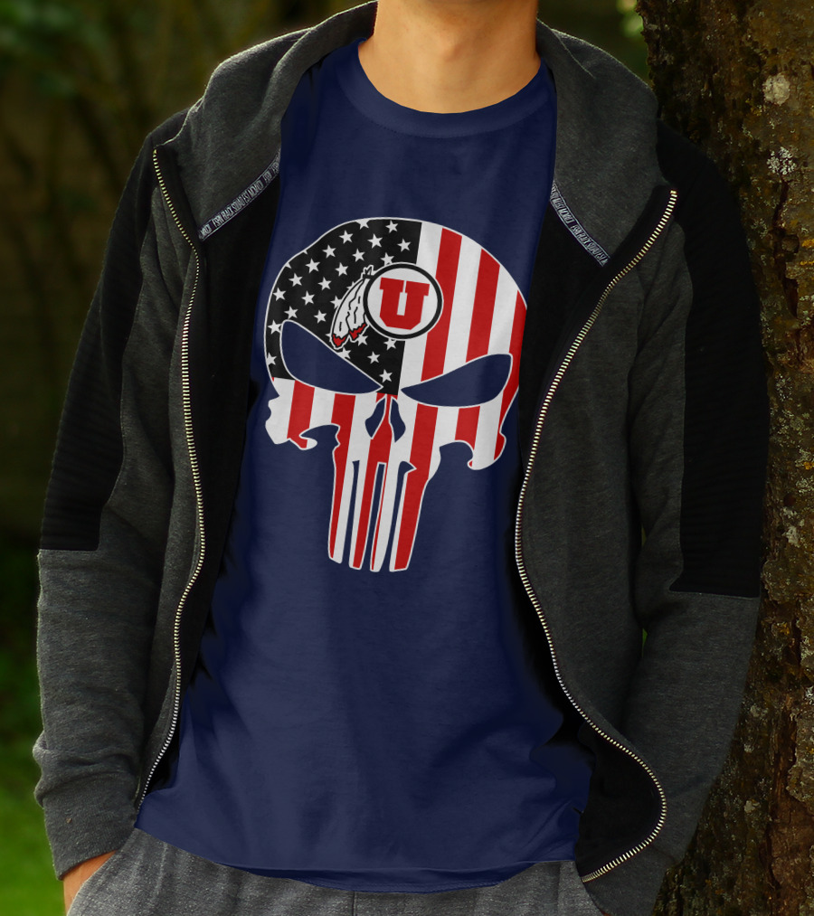 Utah Utes U Logo Punisher Skull American Flag T-Shirt